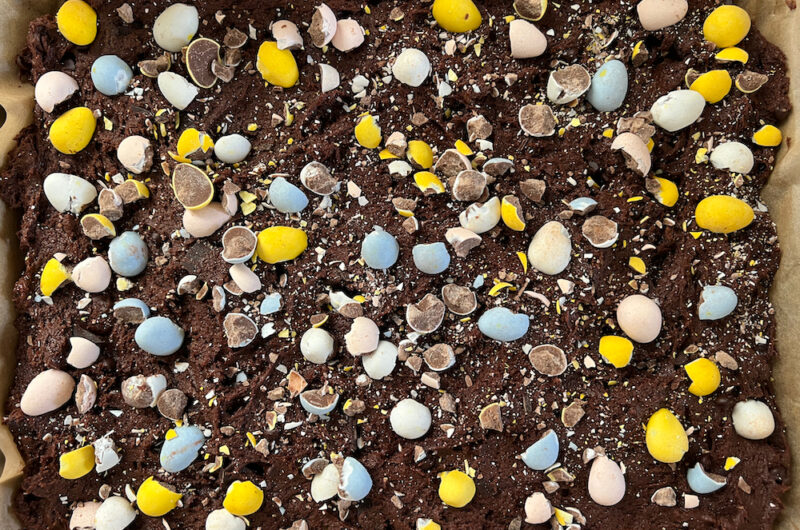 Brownie batter with Cadbury Mini Eggs